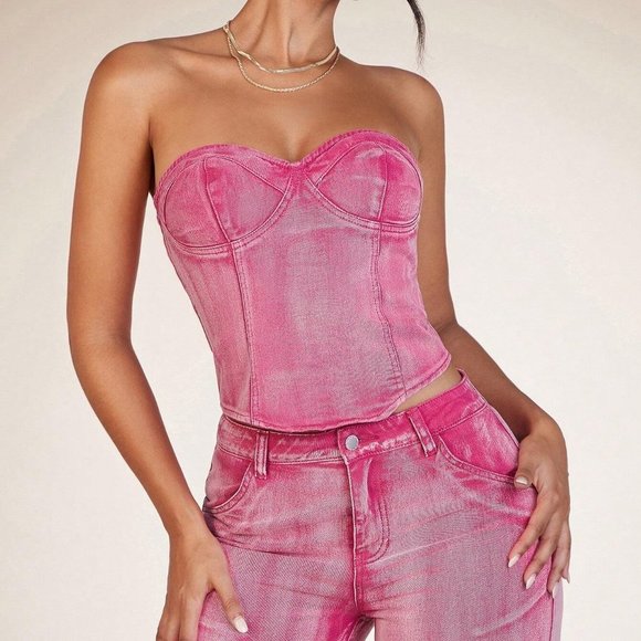 Pink Preppy Womens Solid Tube Denim Top - Picture 5 of 5